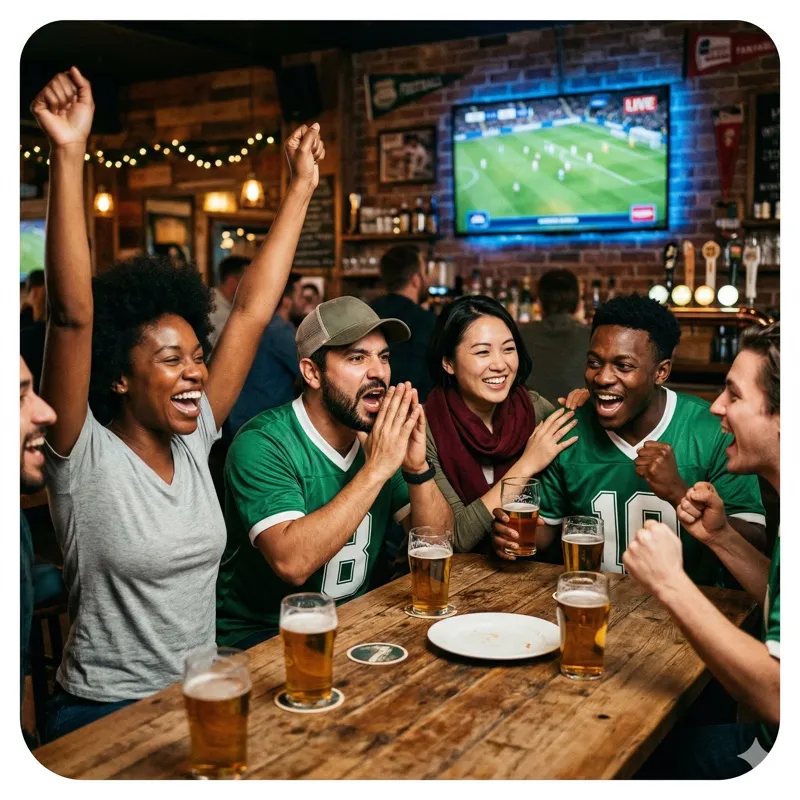 Fans celebrating together while watching a match at a sports bar